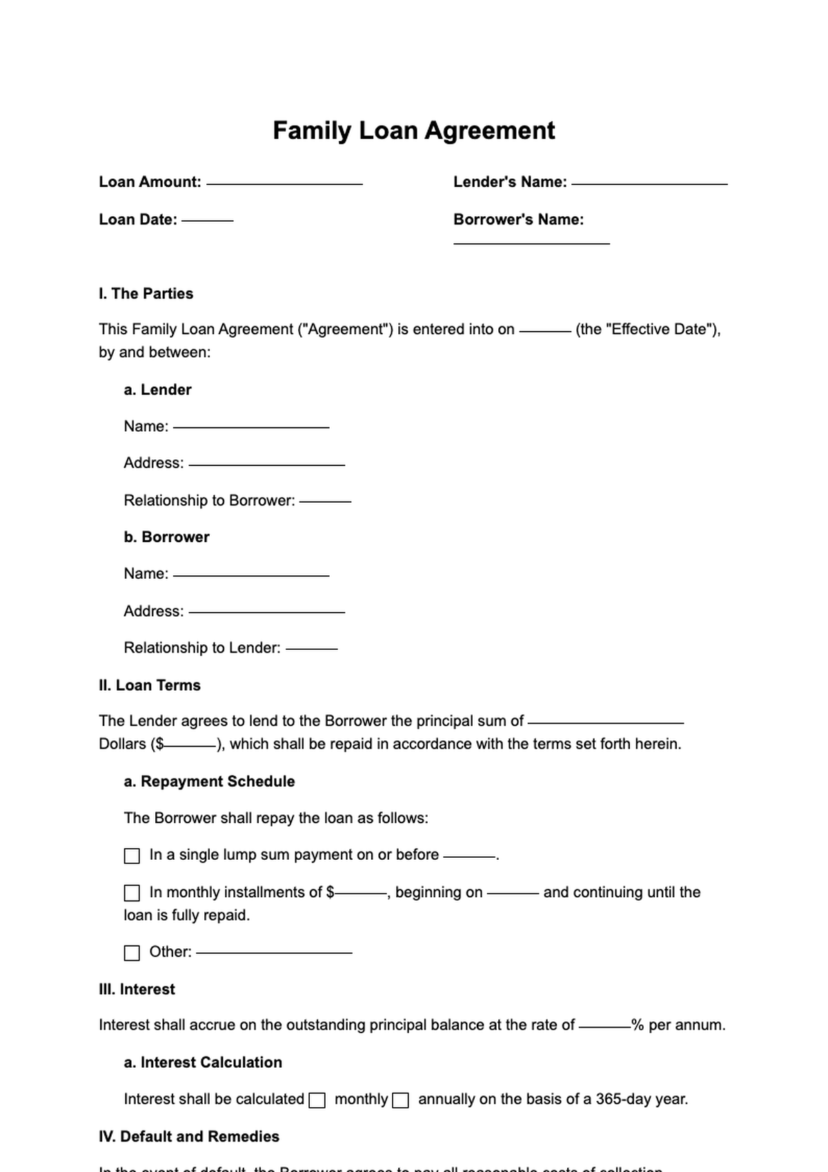 Family loan agreement template with fillable fields for parties payment terms and interest options_variant_1